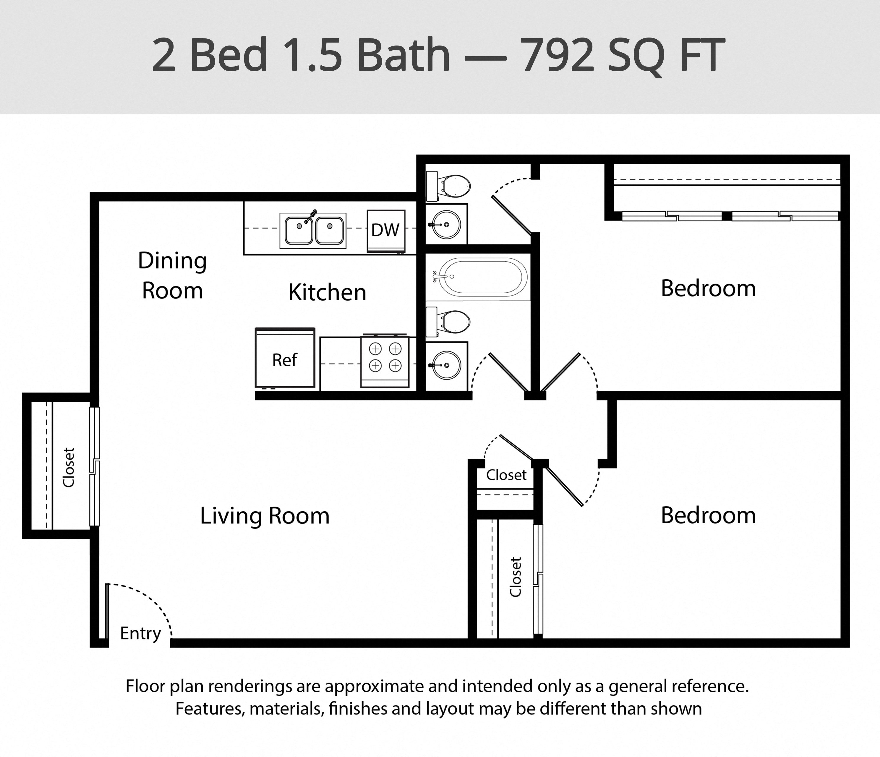 Floor plan for 2 beds, 1.5 baths, 792 sqft